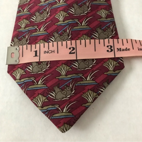 HERMES Tie Bunny Rabbit Tie Luxury Silk Red Background with Brown Tan Blue - Picture 9 of 12